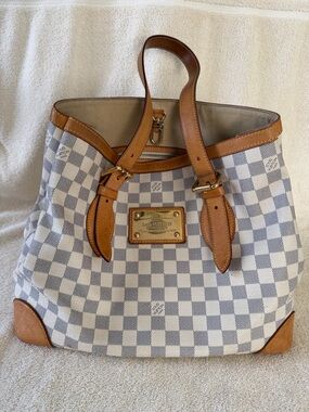 Louis Vuitton Damier Azur Hampstead MM Canvas Tote with Tan Leather Trim